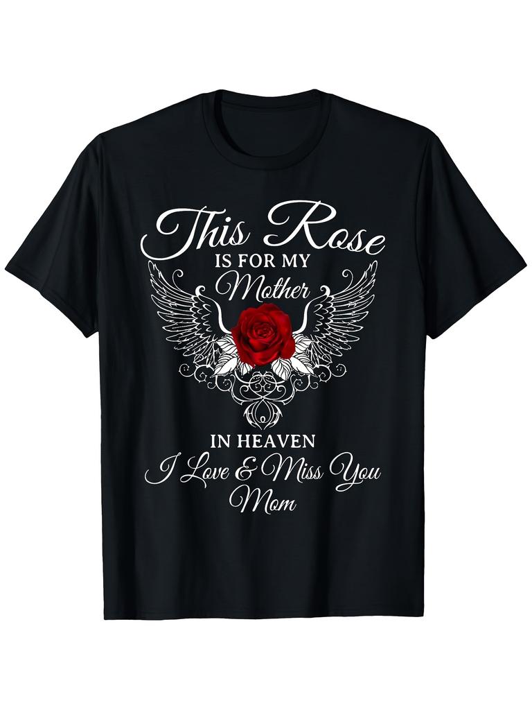 Retro Memorial Rose Crew Neck Tee Angel Wing Red Rose Design Round Neck Short Sleeve Top Machine Washable Remembrance Gift For Mothers Day