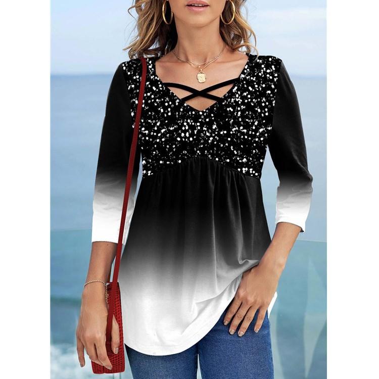 Женская мода повседневная весна-осень блузки и рубашки с рукавами 3/4 и V-образным вырезом