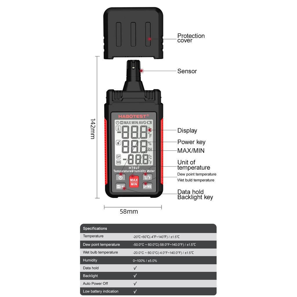 HABOTEST HT607 Цифровой гигрометр Ручной измеритель температуры и влажности Термогигрометр с ЖК-дисплеем