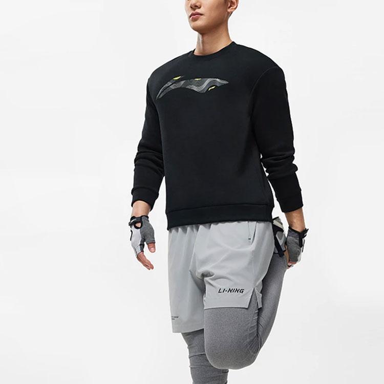 Li-Ning Мужская толстовка Fitness Series с круглым вырезом и большим логотипом, однотонная, черная AWDU103-1