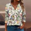 Women's T Shirt Tee Print Button  3/4 Sleeve Daily Weekend Fashion Basic V- Neck Regular Top