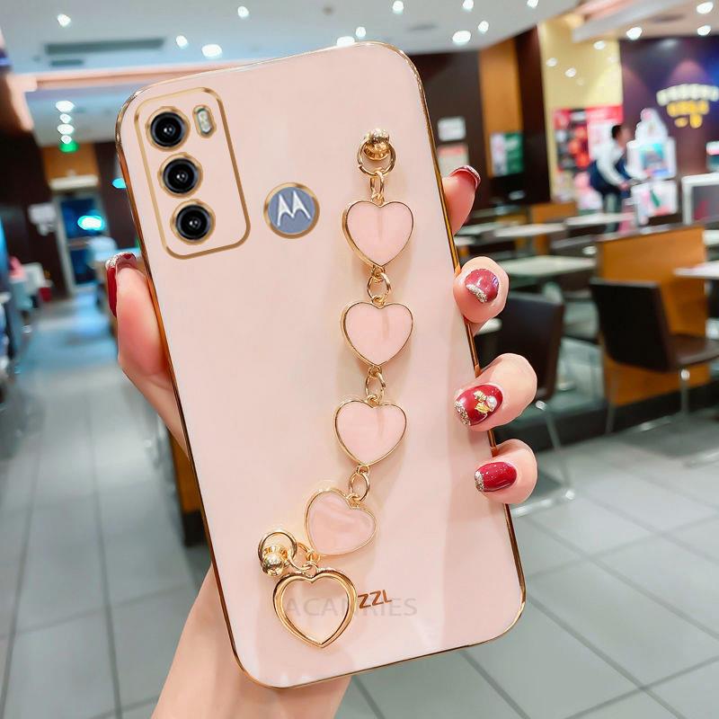 Чехол-браслет с покрытием Love Heart для Motorola Moto G60 G20 G30 G50 4g 5g G22 E20 G10 G52 G8 G9 E7 Power Play Plus, чехол-цепочка
