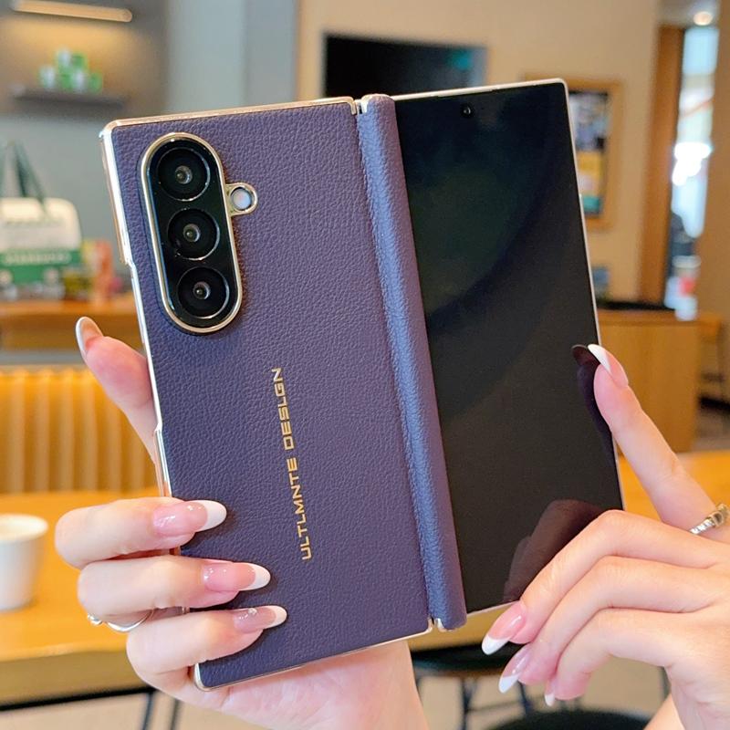 For Samsung Galaxy W25  Dual Central Axis Electroplated Litchi Texture Foldable Shockproof and Fingerprint-Resistant Phone Case