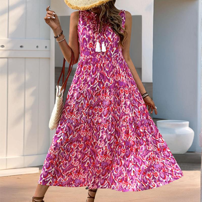 Женское летнее темпераментное платье в этническом стиле без рукавов с V-образным вырезом и принтом