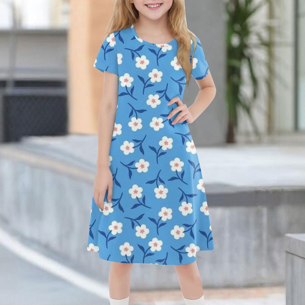 Детское летнее повседневное модное платье с короткими рукавами и круглым вырезом