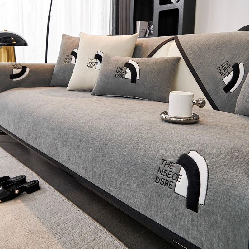 Чехол для дивана с вышивкой синели и буквами, современный чехол для дивана, модная Нескользящая однотонная подушка для гостиной, однотонный чехол для дивана, наволочка