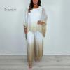 Summer Chiffon Gradient 2 Piece Set for Women Plus Size Crew Neck Top Wide-leg Pant Set Casual Loungewear Outfit