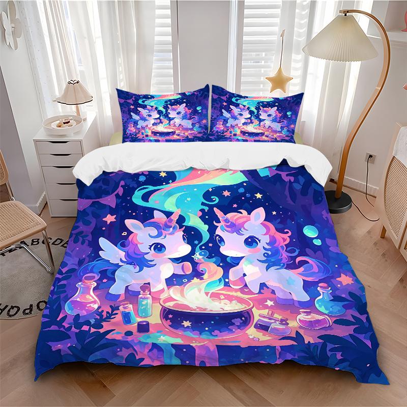 3pcs Magic Potion Two Unicorns Quilt Cover Set - Soft and Cozy Bedroom, Guest Room and Dorm Decorative Bedding 3-Piece Set 1 Quilt Cover + 2 Pill