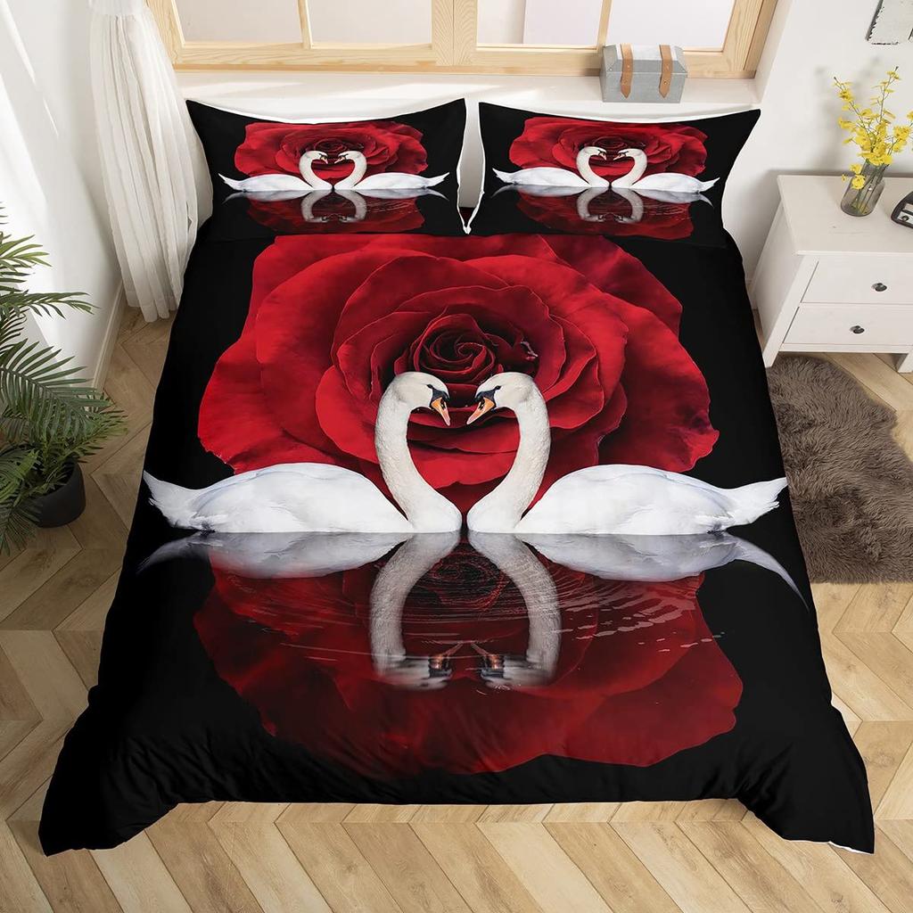 Romantic Swan Duvet Cover Set King Wild Animal Comforter Cover Butterfly Floral Bedding Set For Valentine's Day Wedding Decor
