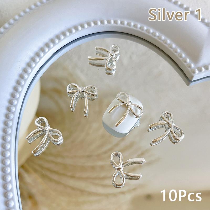 10Pcs Bow Deco Nail Art Charm 3D Silver/Gold Bowknot Ribbon Nail Decor Parts Diy Luxury Manicure Accessories