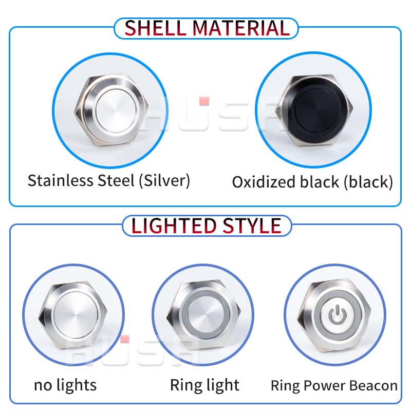 12/16/19/22/25/30mm Short Stroke Mini Waterproof Metal Push Button Switch Power Led Light Momentary 5/12/24/220V Black 1NO