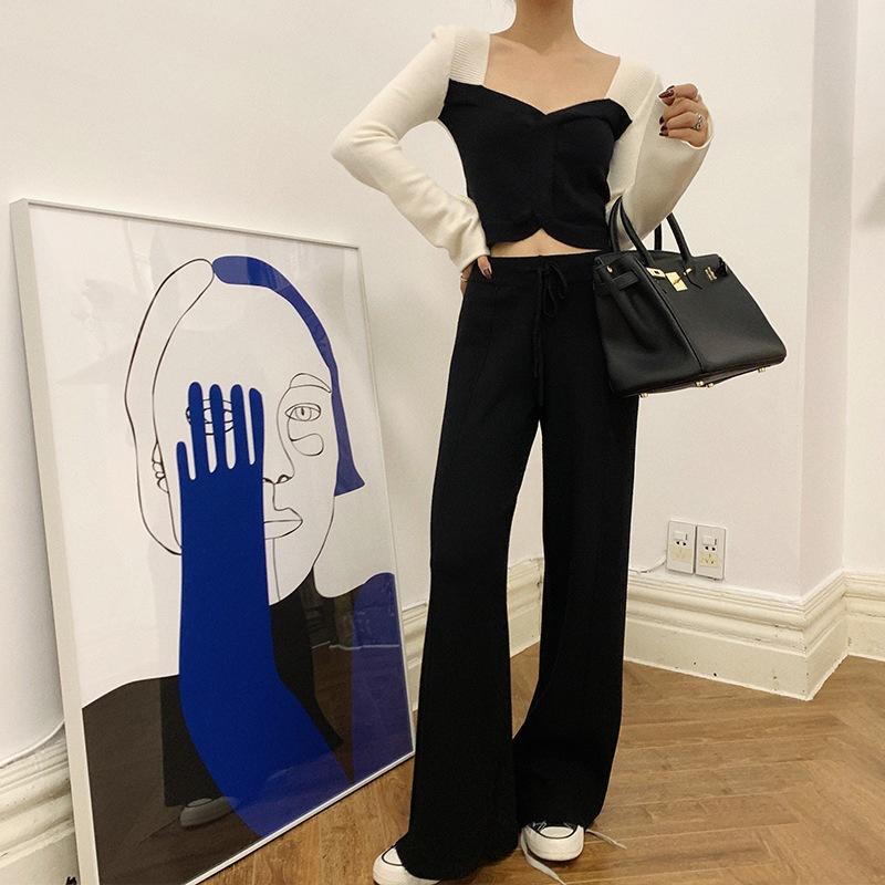 Solid color studio high waist drape knitted pants loose and thin straight casual wide-leg pants women's grandma pants
