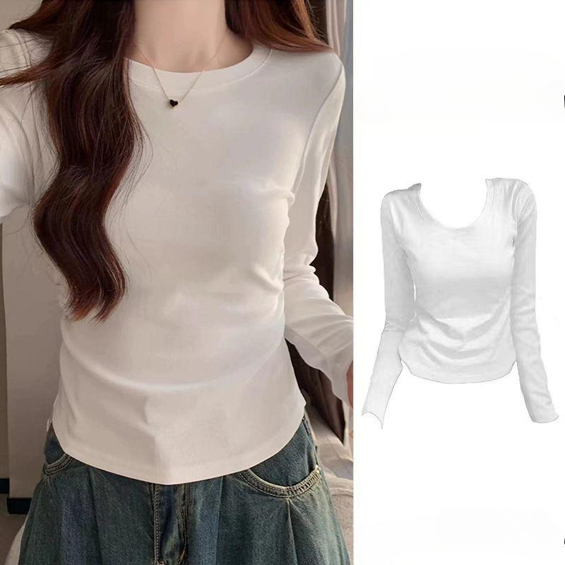 Футболка с длинными рукавами и V-образным вырезом на плече для женщин, осенне-зимняя, корейская мода, шикарный облегающий низ и утягивающий верх