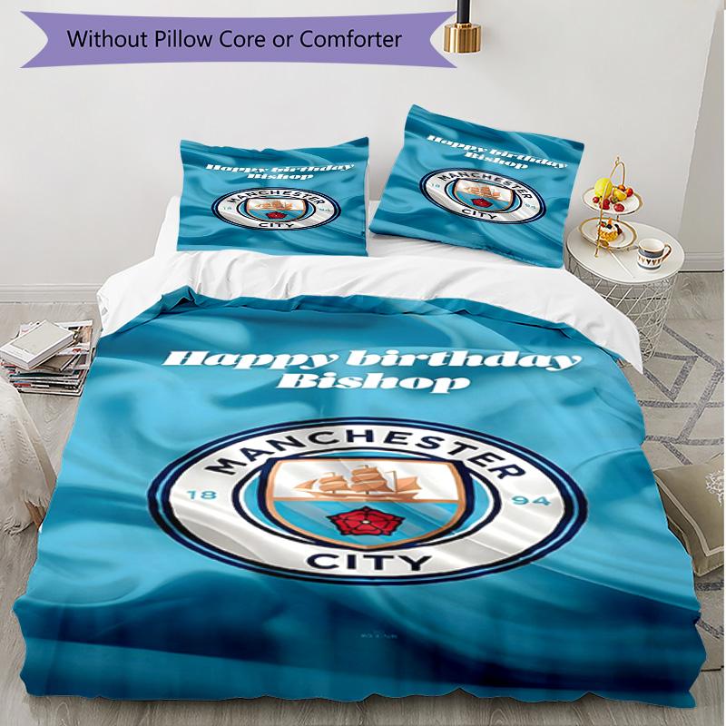 3pcs Duvet Cover Set (1*Duvet Cover + 2*Pillowcase, Without Core), Manchester City FC Print Soft All‑Season Bedding Set, Home Bedroom Decor Gift