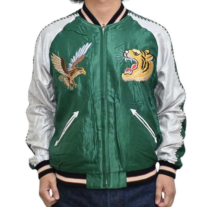 Tailor Toyo Souvenir Jacket Acetate Sukajan ROARING TIGER JAPAN MAP Taylor Toyo TT15682-145 × (JP, Alphabet, XL, Green)