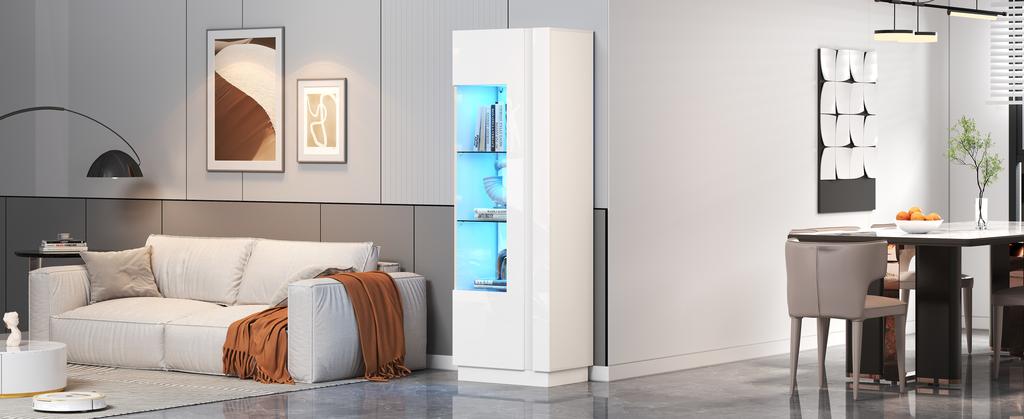 60*40*180cm Cabinet, Display Cabinet with Acrylic Door, High Gloss Storage Cabinet with LED Lighting, 3 Glass Shelves, White