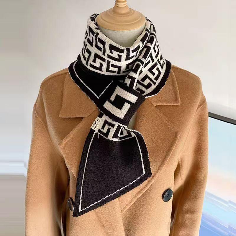 New Knitted Small Scarf Women's Wool Scarf Autumn and Winter Small Ears Letter Camellia Narrow Scarf