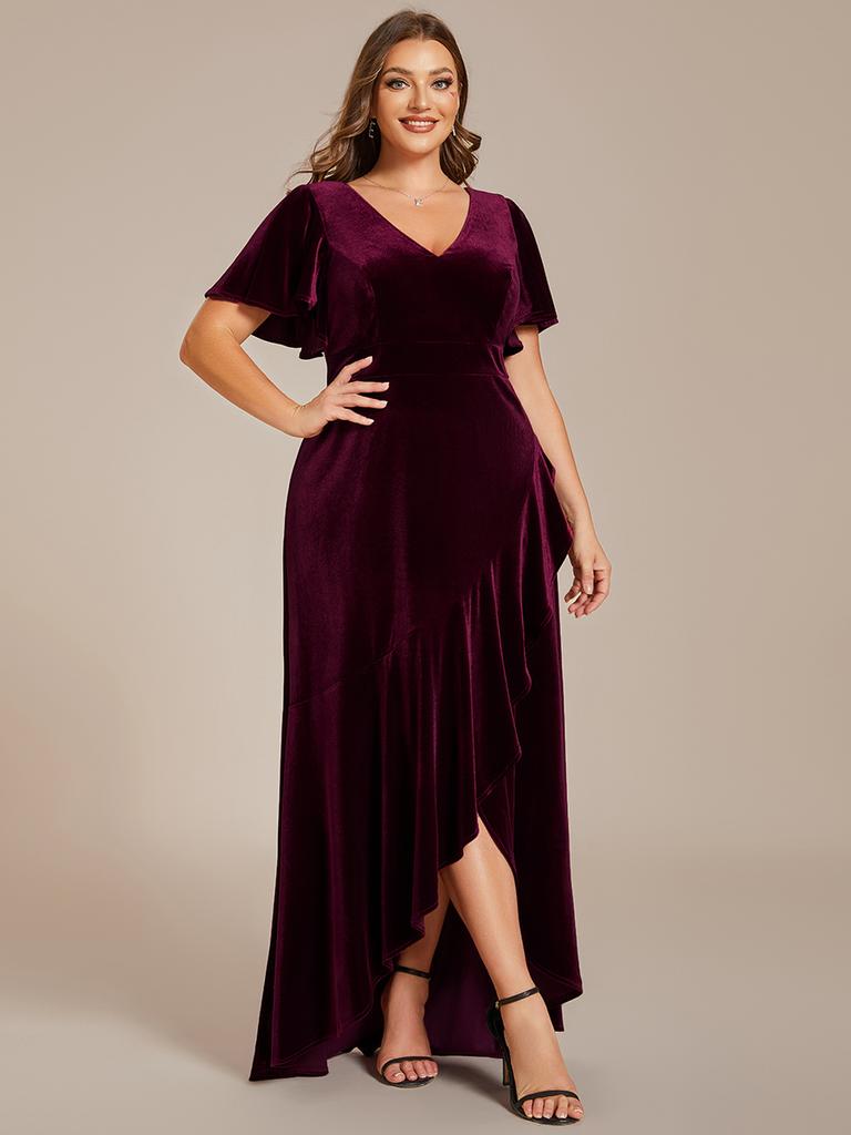 Ever-Pretty Women's Plus Size Velvet Lotus Leaf Ruffles Short Sleeves V Neck High-Low Hem Evening Dress