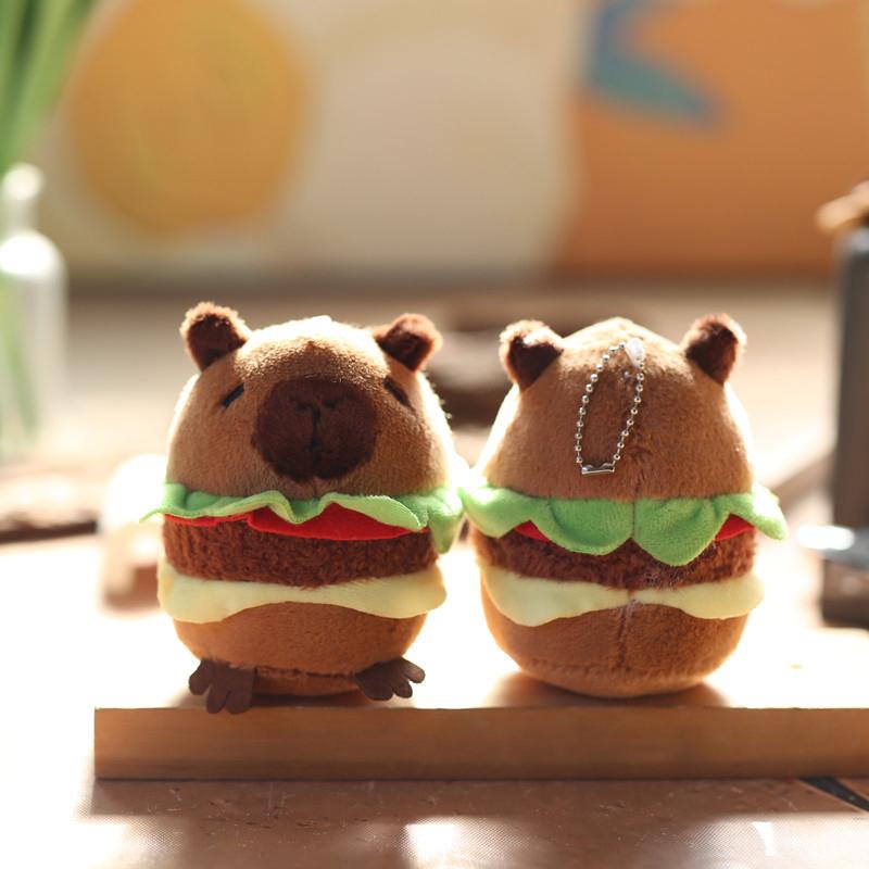 Kawaii Plushie Cute Capybara Hamburger Keychain Plush Simulation Capibara Fluffty Toy Stuffed Animals Soft Doll Kids Gift