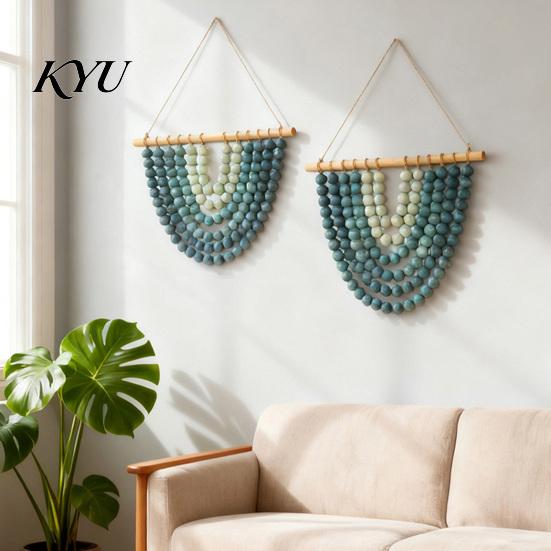 Modern Apartment Wall Hanging Boho Chic Wooden Beads Garland Tapestry, Natural-Inspired Home for Nursery Decor Living Room Bedroom Entryway