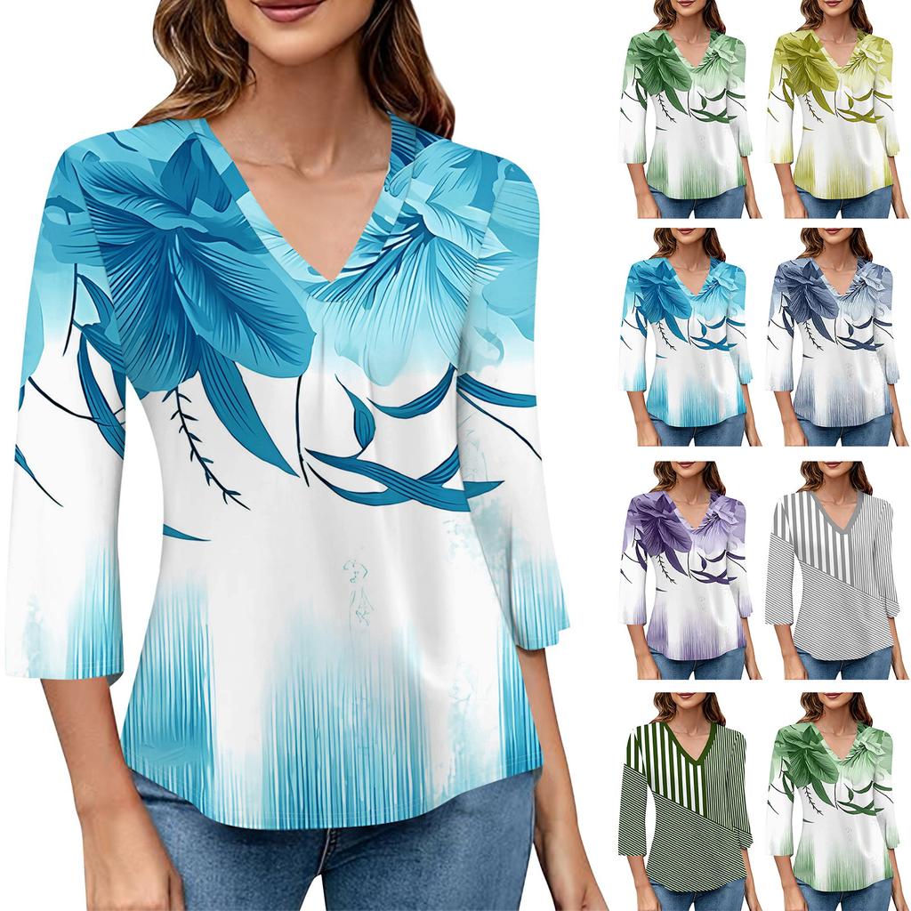 Women's V-neck Gradient Print Three-quarter Sleeve Fashion Top