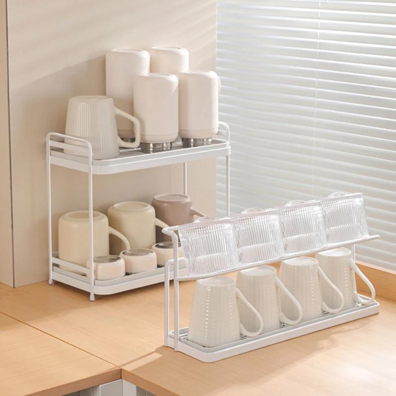 Кухонный простой двухслойный держатель для стаканов с подносом, многофункциональный настольный термос, стаканы, многослойная металлическая стойка для хранения