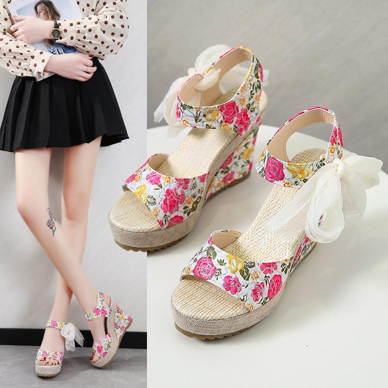 Сандалии на танкетке Fish mouth женские летние новые туфли на высоком каблуке с бантом женские модные пляжные сандалии