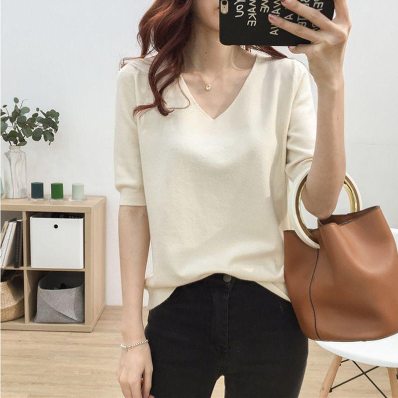 2025 Summer V-Neck Knit Short Sleeve Women's Slimming Top
