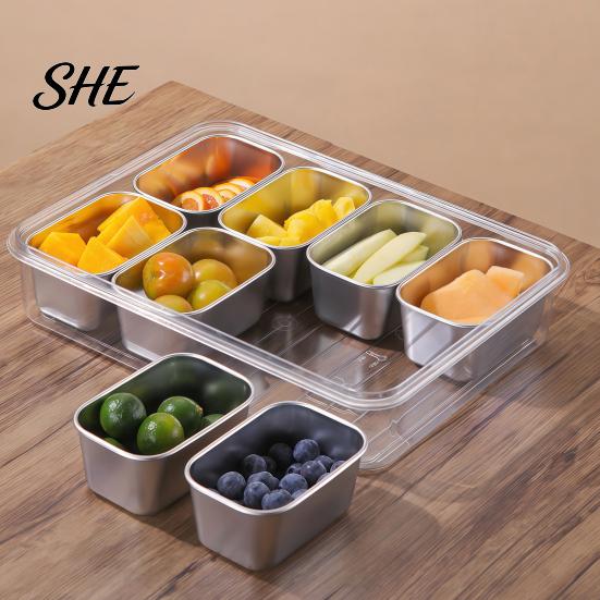 Leakproof Bento Box for Picnic Snackle Container, Stainless Steel Divided Serving Tray with Lid & Handle, 8 Compartment Large Snack Durable Food Road