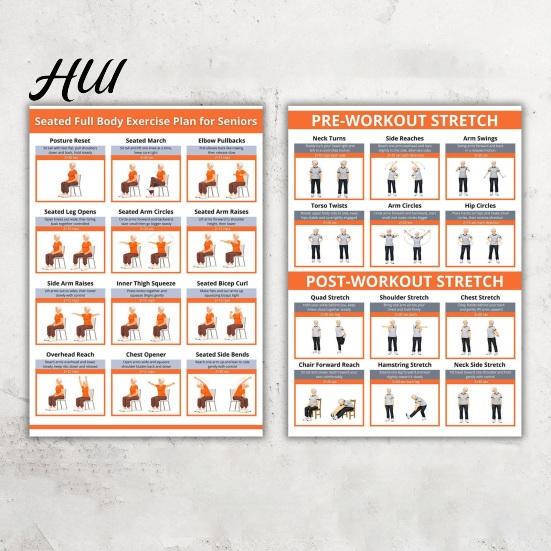 Office Workout Seated 2Pcs Full Body Stretching Poster Chart for Seniors Chair Exercise Routine Guide Pre Warm Up Elderly Low-Impact Flexibility Plan