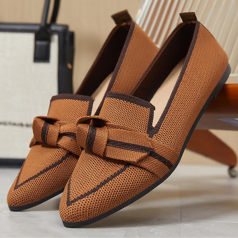 Fashion Women's Knitted Flats Breathable Low Cut Loafer Shoes for Ladys Pointed Toe Ballet Flat Shoes Spring Summer