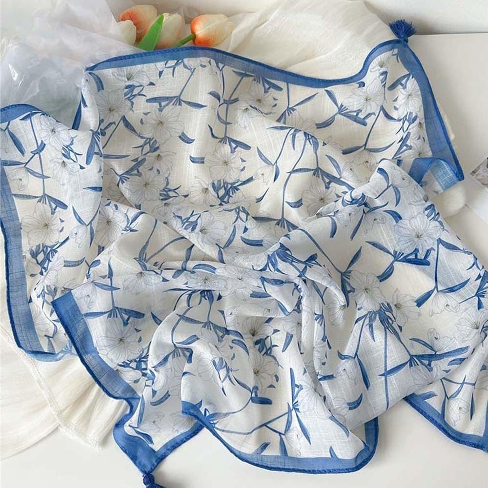 Cotton-Linen Hair Bandana 60x60cm Neck Neckerchief Tassel Muffler Floral Kerchief Girls