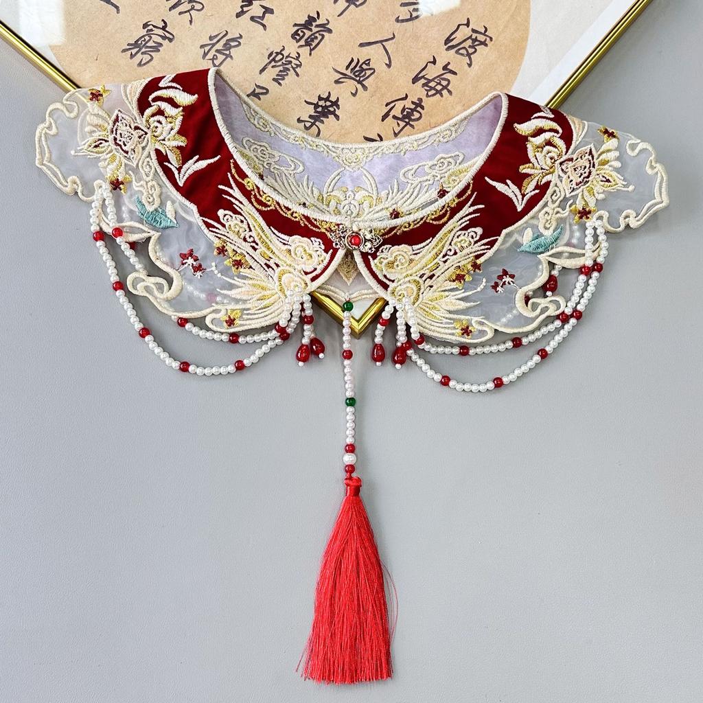 National Style Embroidered Hanfu Top Cloud Shoulder Accessories Heavy Industry Tassel Pendant Embroidered Wedding Clothing New Year'S Clothing