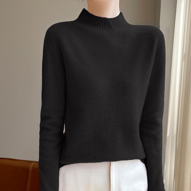 Classic Versatile Half Turtleneck Pure Wool Thick Sweater Women Loose Long Sleeve Knit Top