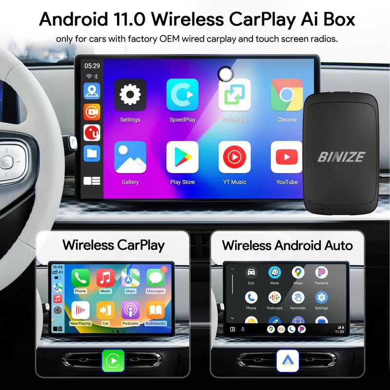 Carplay Ai Box от Binize для автомобиля с поддержкой OEM проводного CarPlay, Netflix, Youtube, беспроводным Android Auto, Android 11.0, 2 ГБ + 16 ГБ