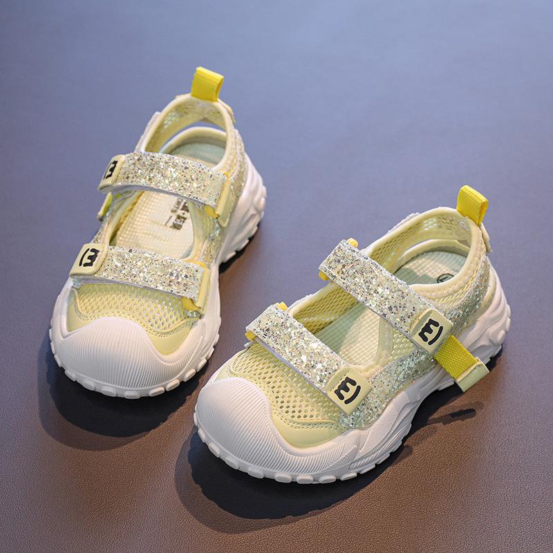 Children's Sparkling Princess Sports Sandals2026New Summer Solid Color Single Mesh Hollow Velcro Casual Shoes