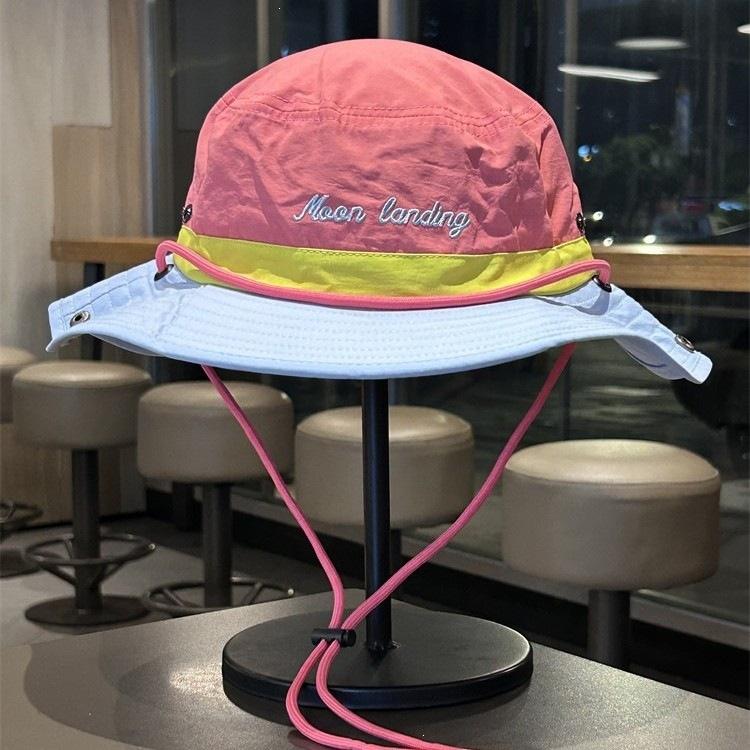 Letter Embroidery Contrasting Color Bucket Hat Summer Outdoor Eaves Hiking Drawstring Western Denim Sunscreen Sunshade Hiking Hat