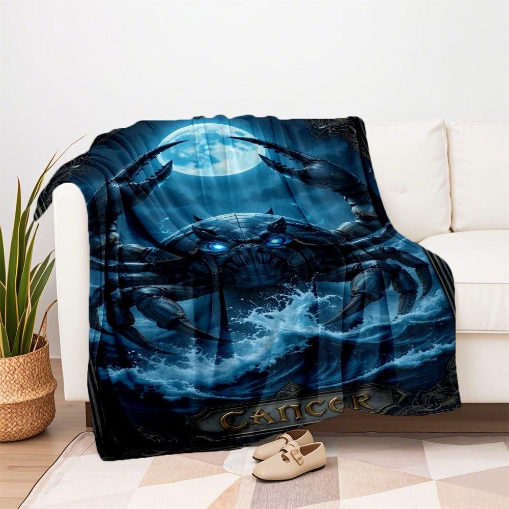 Zodiac Cancer Crab Moonlight Ocean Art Print PosterBlanket Flannel Throw Blanket for Sofa, Bed, Travel, Camping, Office, Couch, Chair