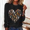 Owl Print Designer Women's T-shirts Heart-shaped O-neck Long Sleeves T Shirt Tops Fashion Loose Women Clothing Streetwear