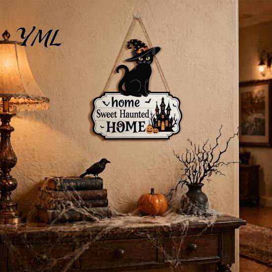 Reusable Holiday Accents Halloween Wooden Welcome Door Sign, Black Cat Ghost Pumpkin Hanging Decor Durable Wood Wall for Porch, Rustic Farmhouse