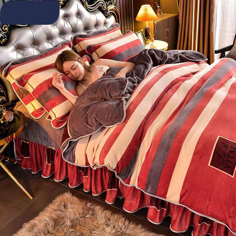 Размер King Size/Queen Size/Twin Size Зимняя молочная флисовая юбка-кровать Пододеяльник Наволочка Комплект из четырех предметов Утолщенное теплое простое постельное белье Высокое качество