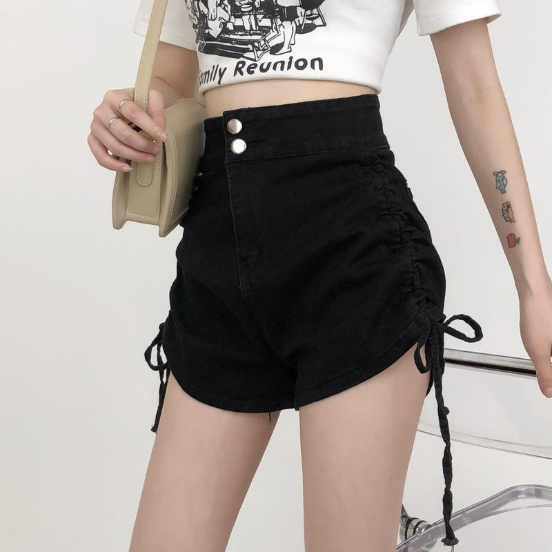 Summer High Waist Denim Shorts Korean Style Black Blue Color Side Drawstring Double Buttons Up Short Jeans