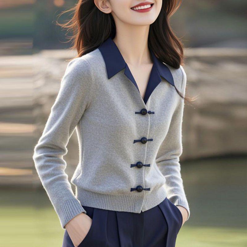 Autumn/Winter Polo Collar Chinese-Style Knitwear: Plus Size, Slimming, Flattering Sweater