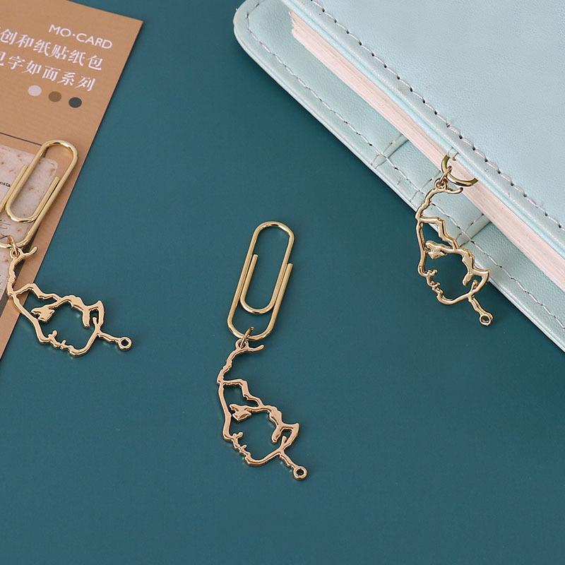 32mm Golden Metal Paper Clip Lady Face Outline Art Line Hollowed Out Bookmark Bookshelf Office