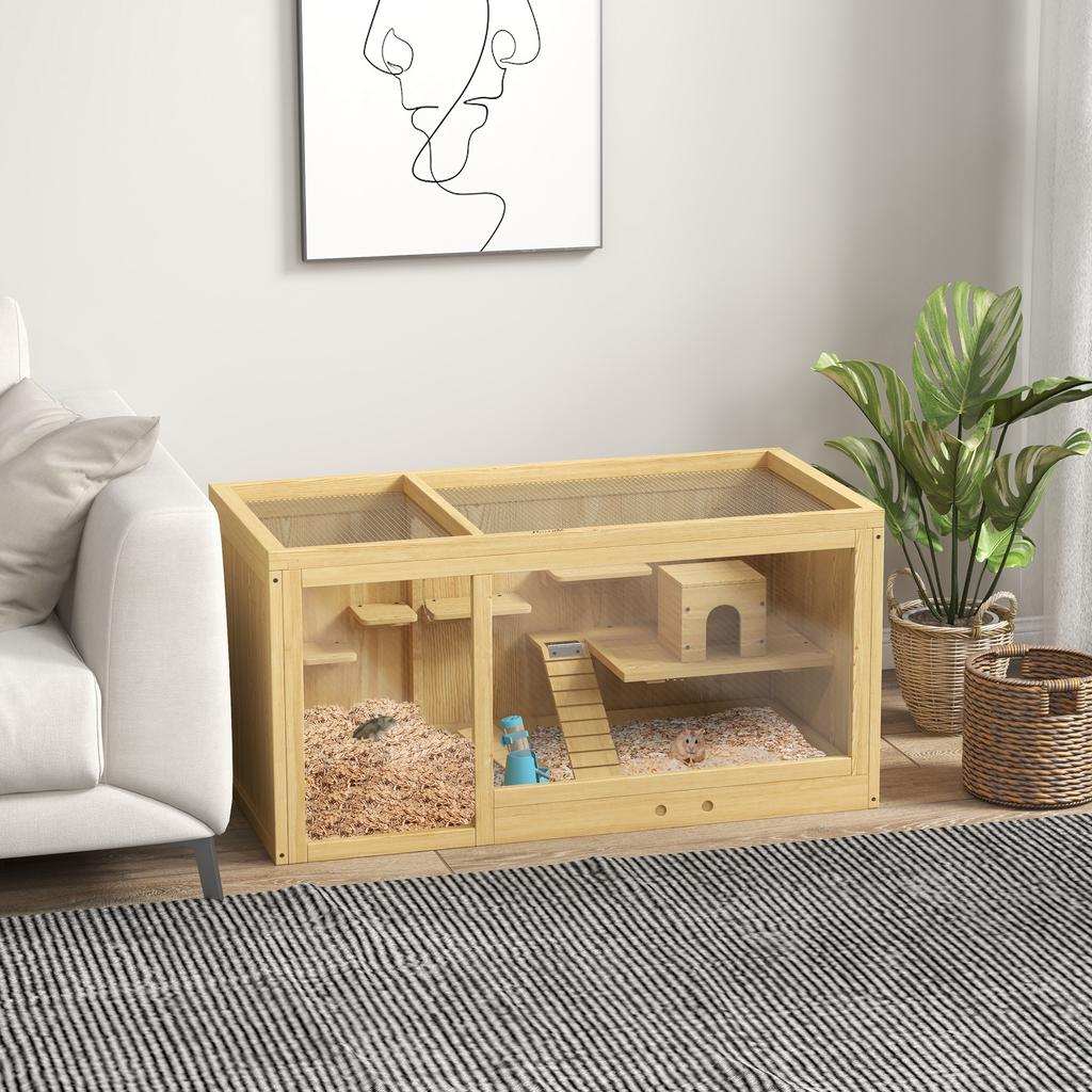 Small animal cage/gnawing cage, fir wood, including accessories and water bottle, 100 x 50 x 50 cm, natural