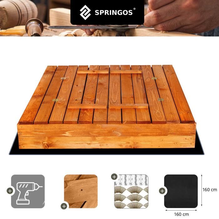 Деревянный песочница - SPRINGOS - 2026 - 120x120 см - Массивная импрегнированная древесина - Складные скамейки/крышка