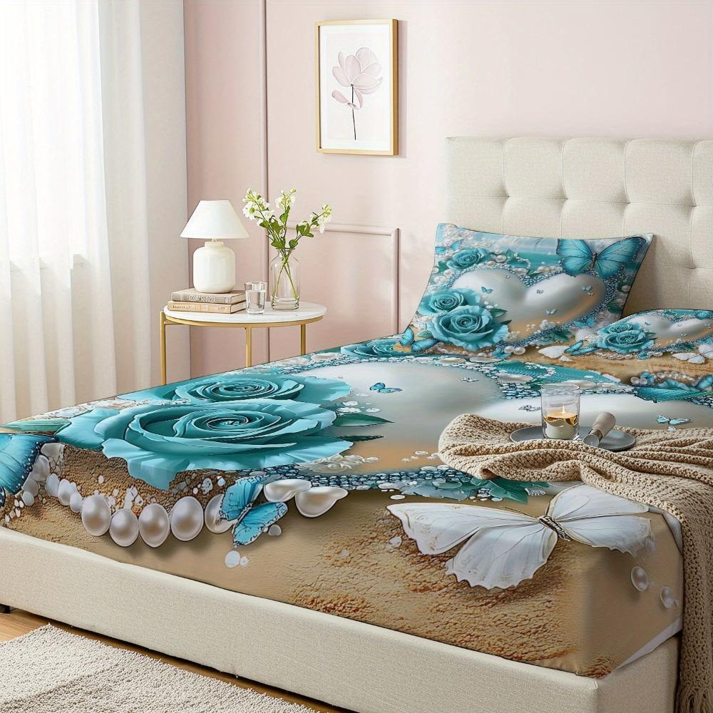 3pcs Blue Fitted Sheet Set Butterfly Rose Heart Love 3D Printed 100% Polyester Cover Breathable Bedding Set with 2 Pillowcases
