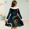 Girls High Neck Long Sleeve Tie Dye Printed A Line Flared Dress With Fur Trim And Big Bow