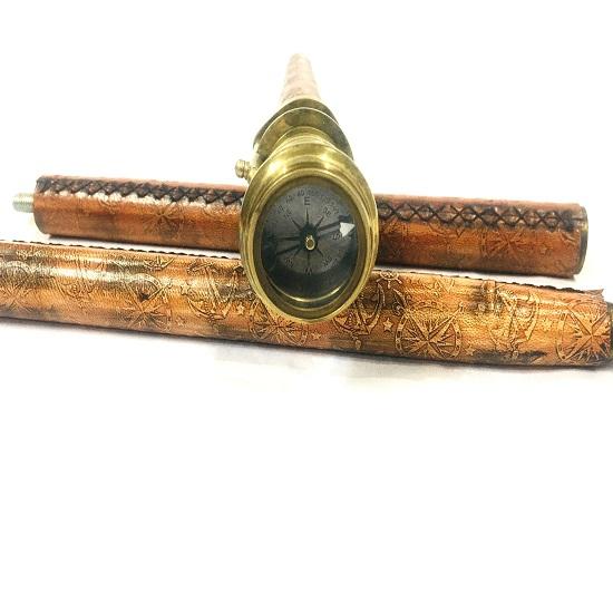 Телескоп с компасом и деревянной тростью с коричневой кожаной деревянной тростью шпион