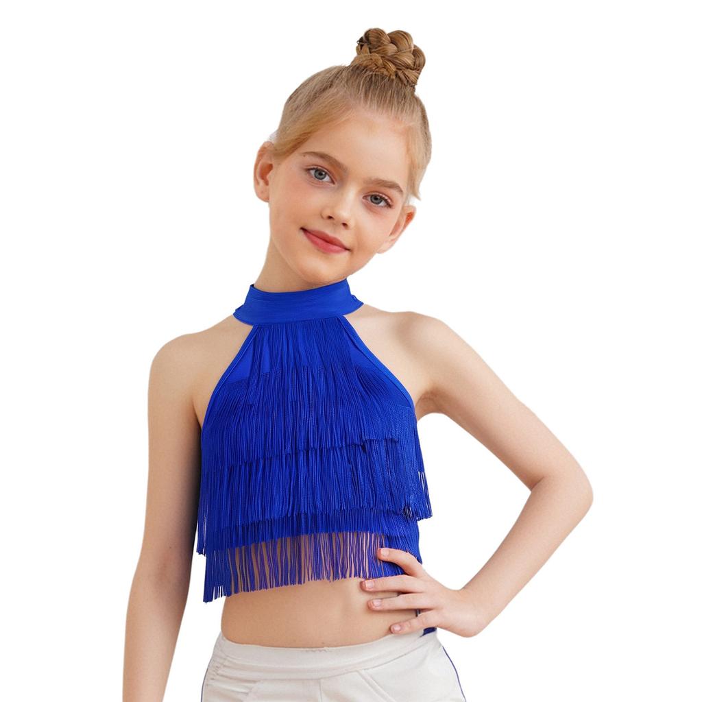 Девочки Сальса Латинские Танцы Укороченный Топ: Безрукавка с бахромой и ремешками на спине с многоярусной бахромой для соревнований